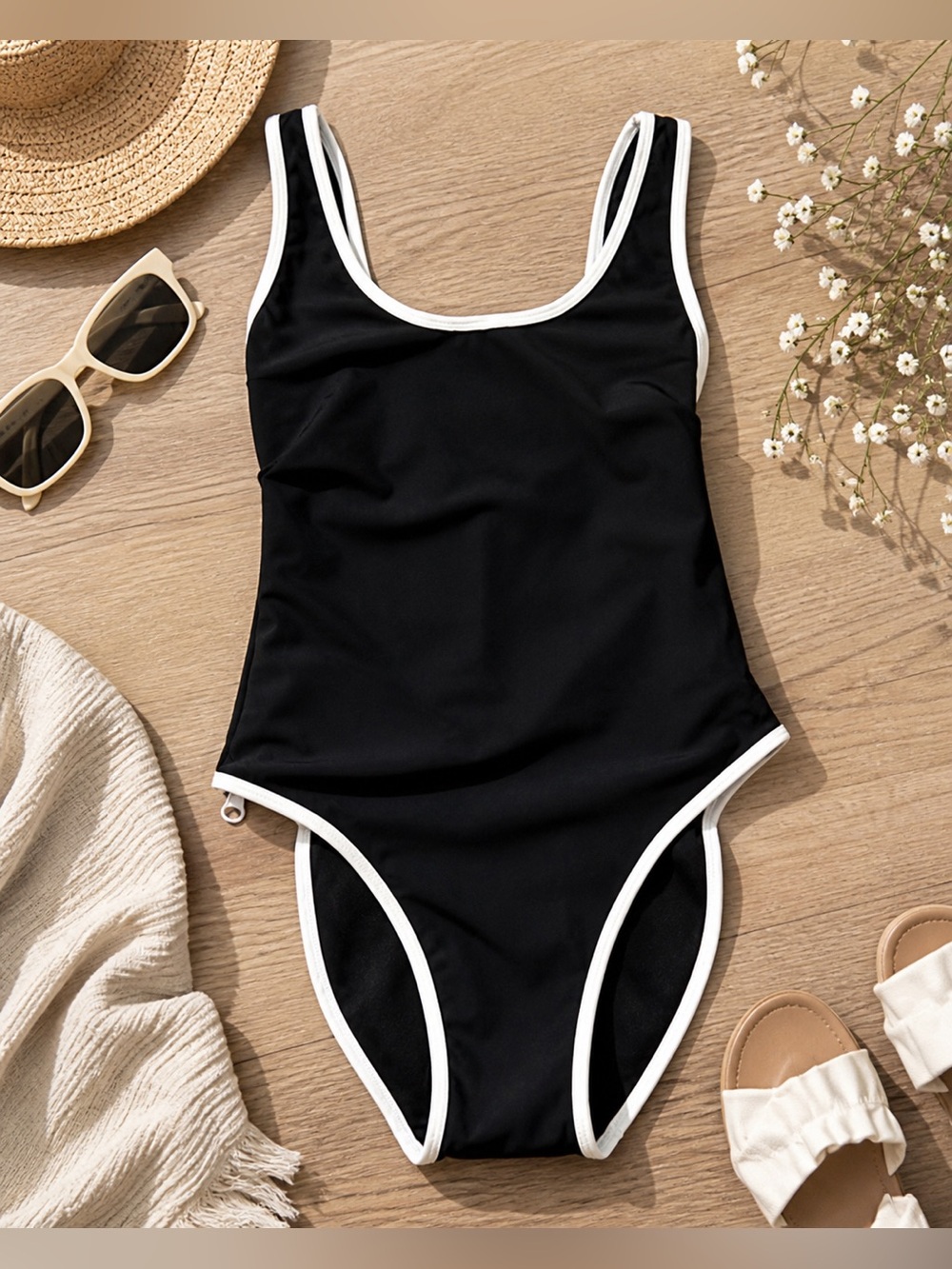 Good American Black One Piece Swimsuit White Trim Zip Detail XS NWT